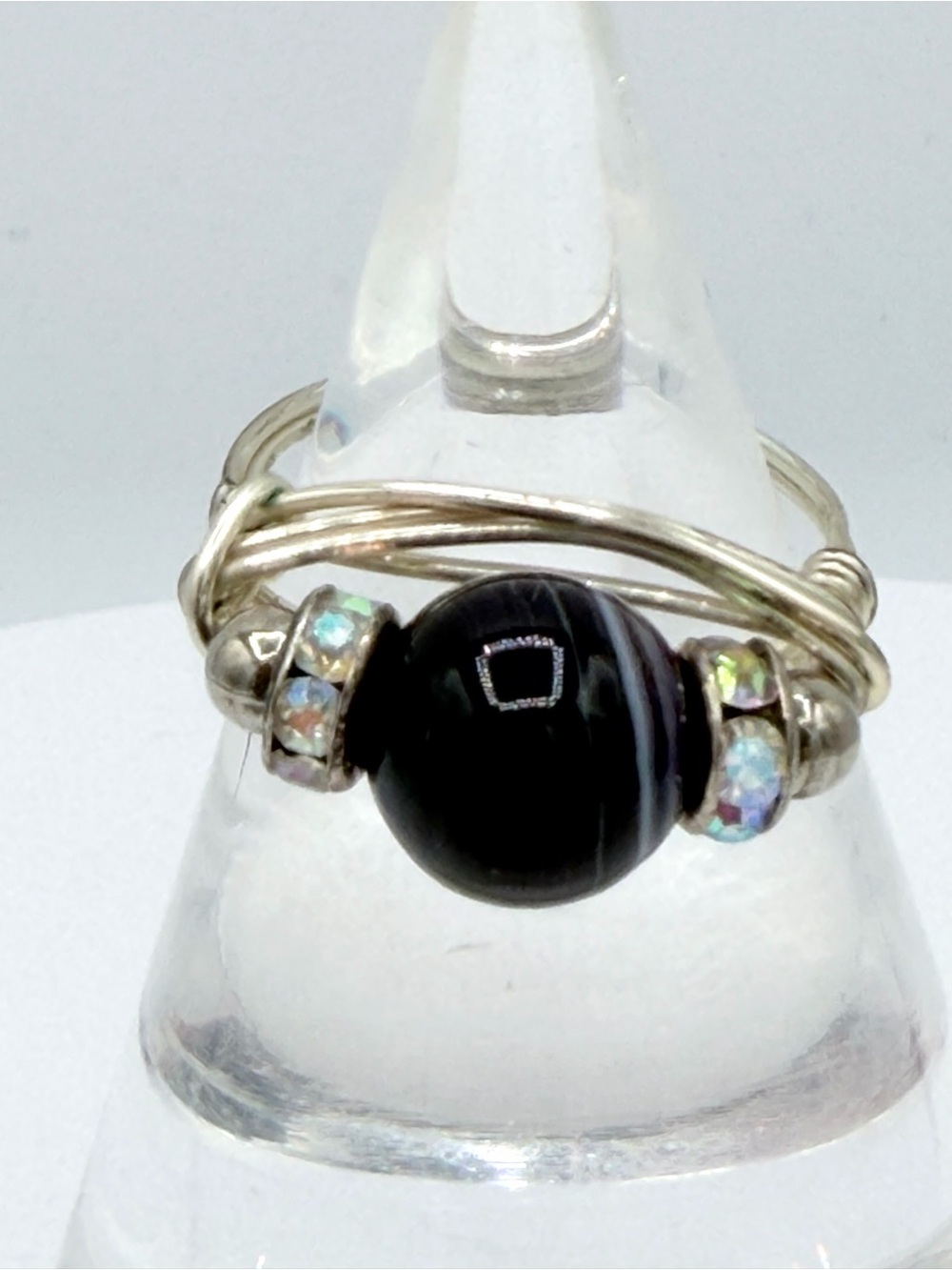 Wire-Wrapped Dark Purple Gemstone Iridescent Spacer Beads Handmade Ring Size 8.5